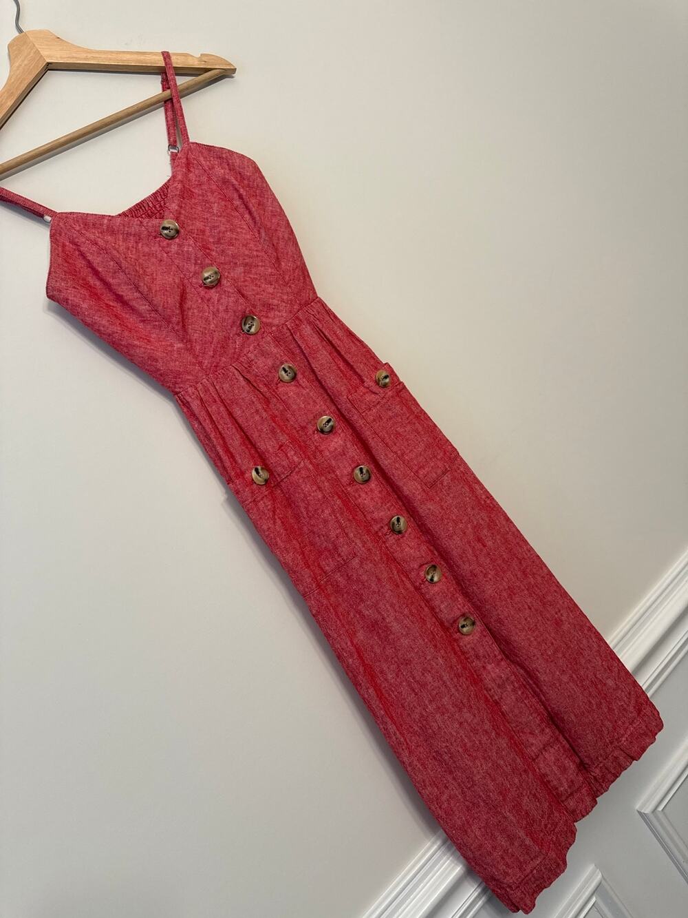 Indigo Rein Red Chambray Button-Front Midi Dress – Size S